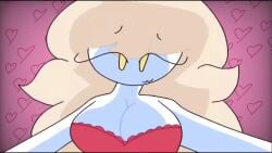 blonde_hair breasts five_nights_in_anime flumpty_bumpty fnia heart_background hug onaf onaf_sexualized one_night_at_flumpty's pov red_bra rule_63 yellow_eyes