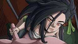 1boy akali black_hair breasts cg chest_sarashi closed_mouth collarbone female fingernails green_ribbons hair_ribbon handjob league_of_legends long_hair looking_at_viewer lust_in_runeterra nail_polish nude official_art orange_eyes pants parody penis ponytail pov red_eyes sarashi shiny_skin sitting solo_focus straight sweat uncensored