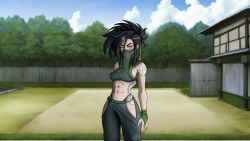 abs akali arm_tattoo bare_shoulders black_hair black_pants blue_sky breasts bridal_gauntlets cg cloud cowboy_shot crop_top day female green_pants halterneck hip_vent house league_of_legends long_hair looking_at_viewer lust_in_runeterra mask medium_breasts midriff mouth_mask mouth_veil navel ninja official_art outdoors pants parody ponytail red_eyes rope_belt shoulder_tattoo sky solo standing stomach tattoo toned tree veil