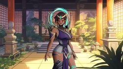 architecture armor bare_shoulders black_hair blue_hair blue_nails breasts brown_hair cg closed_eyes closed_mouth collarbone cowboy_shot dark-skinned_female dark_skin dress east_asian_architecture facial_mark female hair_ornament jewelry karma_(league_of_legends) large_breasts league_of_legends long_hair lust_in_runeterra multicolored_hair nail_polish official_art outdoors parody parted_lips pelvic_curtain plant ponytail purple_dress scenery short_hair sleeveless smile solo standing statue streaked_hair tattoo thighhighs tree two-tone_hair