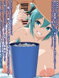 1boy 1girls about_to_cum alternate_breast_size areolae blue_eyes blue_hair blue_nails breasts cuckold cuckolding dirty_talk female femdom handjob hatsune_miku huge_breasts humiliation japanese_text light-skinned_female light-skinned_male light_skin male malesub migikoba milking_handjob nipples penis small_penis small_penis_humiliation text trash_can twintails vocaloid