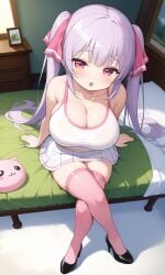 ai_generated bangs beauty bed bedroom blue_hair blush breasts bursting_breasts busty cleavage collarbone curvy cute female female girl hair_between_eyes hourglass_figure huge_breasts long_hair looking_at_viewer oppai pink_eyes ribbon_in_hair riko_(shuz) shiny_hair shiny_skin shortstack skindentation skirt solo stockings stretched_clothing tanktop thebillai thighhighs tight_clothes very_long_hair voluptuous wide_hips