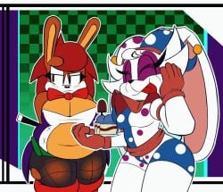 2girls animated anthro ass belly birthday birthday_cake breasts brown_fur brown_hair bunny cake cleavage exposed_belly exposed_breasts fat female female_focus female_only fishnet_legwear fishnets furry hips hunin_(speedsmygame1) inverted_nipples jester jester_cap jester_costume jester_hat jester_outfit lagomorph lagomorph_humanoid large_ass large_breasts magic magic_user magic_wand magical_girl rabbit ripped_clothing shocked shocked_expression sonic_oc speedsmygame1 stockings stockings_thigh_highs thick_thighs thighs tongue wardrobe_malfunction weight_gain white_fur white_hair wide_hips