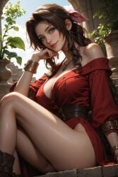 1girls aerith_gainsborough ai_generated boots bow bracelet breasts brown_hair brunette cleavage ears female female_focus female_only final_fantasy final_fantasy_vii glossy_lips green_eyes head_on_hand hi_res highres light-skinned_female light_skin long_hair looking_at_viewer medium_breasts outside pretty red_clothing short_dress sitting smile smooth_legs smooth_skin solo solo_female solo_focus thighs