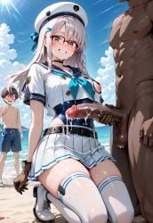 1girls 2boys ai_generated beach blush breasts cock_worship cuckold cum dark-skinned_male female glasses goddess_of_victory:_nikke green_eyes interracial large_penis light-skinned_male looking_at_viewer male neon_(nikke) netorare ntr penis penis_awe self_upload smile tagme white_hair