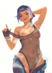 ai_assisted antifragile_slay_star arm_behind_head armpits artist_name backwards_hat black_hat breasts breath clothes_pull collarbone covered_nipples cowboy_shot dark-skinned_female dark_skin earrings female gloves half-closed_eyes hat highleg highleg_leotard highres jewelry le_sserafim leotard leotard_pull licking_lips looking_at_viewer medium_breasts mole mole_under_eye nude official_alternate_costume open_clothes open_fly overwatch overwatch_2 pants pants_pull partially_fingerless_gloves pitslip purple_eyes pussy simple_background solo sombra standing steam steaming_body stomach strap_pull stud_earrings sweat tongue tongue_out transparent_leotard wet white_background