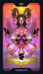 3girls bondage bondage bound breasts covered_nipples cum curled_horns demon demon_girl demon_horns earrings ejaculation futanari gold_earrings highres horns jewelry lactating_into_container lactation lactation large_breasts large_ears large_penis long_horns multiple_girls multiple_rings navel original penis ring tailbox tarot temperance_(tarot) thick_thighs thighhighs thighs veil white_thighhighs
