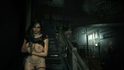 1girls 3d claire_redfield female game_screenshot gun large_breasts mod nude_mod resident_evil resident_evil_2_remake solo weapon