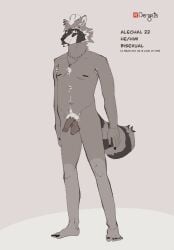 anthro armpit_hair body_hair dergpits ear_piercing english_text eyebrow_piercing facial_piercing fluffy fluffy_tail hi_res lip_piercing male mammal nude piercing presenting procyonid raccoon smile snakebite_piercing solo standing tail text