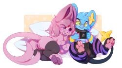 alpha_channel anthro anus black_body black_fur bloominglynx blue_body blue_fur duo eeveelution espeon eyewear female forked_tail fur gaming generation_2_pokemon generation_4_pokemon genitals glasses glistening glistening_eyes green_eyes hi_res holding_nintendo_switch humanoid_vulva nintendo open_mouth open_smile pillow pink_body pink_eyes pink_fur pink_nose playing_video_game pokemon pokemon_(species) round_glasses semi-anthro shinx simple_background smile tail unusual_anatomy unusual_tail vulva