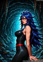 ai_generated ass bangs bare_shoulders belt black_pants black_shirt blue_hair breasts closed_mouth clothing denim female female female_only hair_between_eyes hajime_sugoroku jeans jousneystudio large_breasts lips long_hair looking_at_viewer looking_back makeup messy_hair momoko_hyakushiki nanbaka outdoors pants red_belt red_eyes red_lips rock shiny_clothes shirt sleeveless sleeveless_shirt solo thighs water