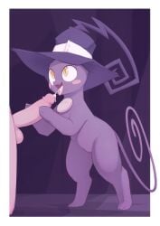 1boy a_cat_is_fine_too animal animal_focus animal_sexualization blair_(cat)_(soul_eater) blair_(soul_eater) blush blush_stickers border claws cleft_of_venus clothed_animal commentary cum cum_in_mouth cum_on_tongue ejaculation erection fangs feline female full_body handjob happy hat highres kekitopu looking_at_another looking_up open_mouth outside_border penis purple_background purple_hat purple_theme pussy solo_focus soul_eater standing straight testicles tongue tongue_out uncensored veins veiny_penis white_border witch_hat yellow_eyes zoophilia