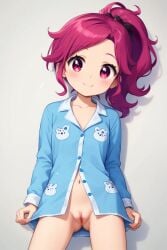 ai_generated blue_top female hot_girl new_pajamas original_character petite_body posing_for_the_viewer red_hair shaved_pussy