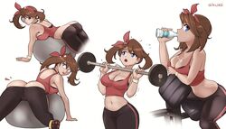 1girls aikuxa all_fours ass back ball bare_shoulders big_ass big_breasts blue_eyes bottle bracelet breasts brown_hair cameltoe cleavage drinking dumbbell exercise eyelashes female female_only fit fit_female gym gym_clothes gym_uniform hairband human human_only large_breasts leggings looking_at_viewer looking_away looking_back may_(pokemon) may_(pokemon_oras) midriff motion_lines navel nintendo open_mouth pokemon pokemon_oras presenting_hindquarters shoes short_hair sideboob sitting spread_legs tank_top teeth text thick_thighs trembling watermark wet white_background wide_hips workout workout_clothes