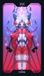 2girls arched_back bar_censor bondage bondage bound broken_horns censored chained_legs closed_eyes colored_skin cowboy_shot crown demon_girl elbow_gloves electricity futanari gloves glowing_nipples highres horns large_penis long_horns multiple_girls nipples original penis pointy_ears red_skin restrained short_hair sounding symmetry tailbox tarot the_tower_(tarot) urethral_insertion white_hair