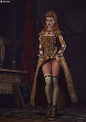 3d anna_henrietta blonde_hair cd_projekt_red clothing crown dress earrings female light-skinned_female looking_at_viewer mascara missally necklace panties presenting_panties solo solo_female stockings the_witcher_(series) the_witcher_3:_wild_hunt