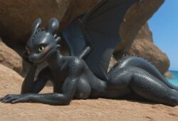 ai_generated anthro anthropomorphic beautiful big_breasts blushing breasts breeding_request dragon dragon_girl female furry furry_only genderswap_(mtf) green_eyes how_to_train_your_dragon in_heat inviting_to_sex laying_down looking_at_viewer posing_for_the_viewer realistic rule_63 scales scalie scalie_female scalie_only seductive seductive_look seductive_smile sexy sexy_body sexy_pose tail tits_out toothless wings