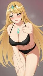 absurd_res alluring amayo_thranana averting_eyes big_breasts black_bra black_panties blonde_hair blush bra cleavage core_crystal_(xenoblade) cowboy_shot earrings female grey_background high_res jewelry leaning_forward long_hair mythra navel open_mouth panties tiara underwear xenoblade_(series) xenoblade_chronicles_2 yellow_eyes