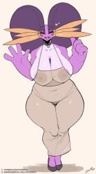 2025 big_breasts breasts brown_dress cleavage closed_eyes dress elsie_(lyorenth-the-dragon) female female_only game_freak heart hearts_around_head high_heels huge_breasts lyorenth-the-dragon nintendo nipples original original_character pokemon pokemon_(species) purple_body purple_skin see-through see-through_clothing see-through_dress swampert thick_thighs thighs thong waving wide_hips