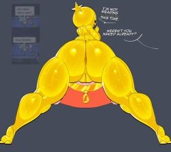 anthro ass big_ass big_legs black_eyes captivemimic dialogue feet huge_ass mario_(series) mario_and_luigi_(series) nude nude_female shiny_skin smug_face star_sprite starlow yellow_body