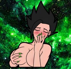 1girls big_breasts black_hair blush breasts closed_eyes dragon_ball dragon_ball_oc female female_only female_saiyan grabbing_own_breast green_lipstick green_nails huge_breasts lipstick nail_polish original_character space_background spiky_hair sticker stoney_(oc)
