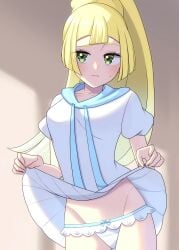 1girls blonde_hair blush breasts clothing cropped_hoodie female female_only green_eyes lillie_(pokemon) looking_at_viewer panties pokemon pokemon_sm skirt skirt_lift