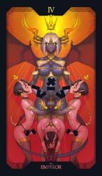 3boys breasts closed_eyes dark-skinned_female dark_skin demon demon_boy demon_girl demon_horns demon_wings elbow_gloves erection extra_penises fellatio female floating_crown futa_on_male futanari gloves glowing glowing_eyes highres horns large_breasts long_horns medium_hair multiple_boys navel nipples oral original short_hair skin-covered_horns tail tailbox tarot the_emperor_(tarot) wings yellow_eyes