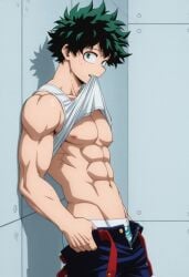 abs ai ai-created ai_art ai_assisted ai_generated biceps biting_clothes boku_no_hero_academia deku gay izuku_midoriya male male_focus male_only midoriya_izuku muscular muscular_male my_hero_academia pecs solo_male tank_top tank_top_lift toned_male triceps undressing unzipped_pants
