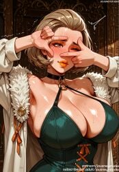 ai_generated armpits bangs bare_shoulders black_choker blush breasts brown_eyes brown_hair choker clavicle cleavage clothing coat covering_face dress earrings eyeshadow female female female_only fire_emblem fire_emblem:_three_houses forehead freckles fur_trim hair_slicked_back huge_breasts indoors jacket jewelry jousneystudio large_breasts lips lipstick long_sleeves makeup manuela_casagranda mature_female mole mole_on_breast mole_under_eye nintendo o-ring one_eye_closed open_clothes parted_lips short_hair solo sweat trembling upper_body