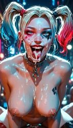 ahe_gao ahe_gao ahegao_face ai_generated cum_in_mouth cum_on_body cum_on_breasts cum_on_face female female_focus harley_quinn nipple_piercing nipples penetration tongue_out