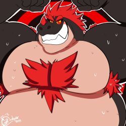 1:1 anthro armpit_hair bodily_fluids body_hair dragon emmanuelin_(emmanuelin13) grizzlyear34 hair hi_res hypnotic_eyes looking_at_viewer male multicolored_body mythological_creature mythological_scalie mythology overweight overweight_male red_hair red_spikes scalie sweat