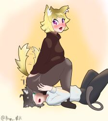 breppy_(artist) lily_(breppy) mimi_(breppy) rubbing sitting_on_head sitting_on_person