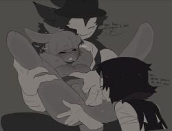 1girl 1girls 2boys 2boys1girl bunny bunny_ears bunny_girl clovii_nsfw cunnilingus dirty_talk dream_game english_text female fingering fingering_pussy forsaken_(roblox) furry mafioso_(dream_game) male monochrome original_character roblox roblox_game robloxian speech_bubble tagme text threesome tied_up two_time wet_pussy