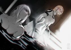 black_water hotsprings jujutsu_kaisen kugisaki_nobara onsen ryoumen_sukuna_(jujutsu_kaisen) slicked_back_hair tattoo tattoos undressing uraume white_hair