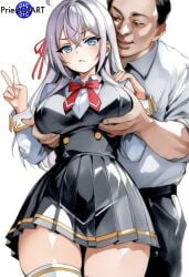 1boy 1girls ai_generated alisa_mikhailovna_kujou big_breasts blue_eyes color female grabbing_breasts grabbing_from_behind male older_male peace_sign priestofart school_uniform schoolgirl shirt silver_hair simple_background skirt tagme tagme_(artist) tagme_(character) teacher teacher_and_student thick_thighs thighhighs tokidoki_bosotto_russian_de_dereru_tonari_no_alya-san ugly_bastard watercolour_(artwork) watermark white_background wide_hips