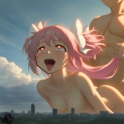 ahe_gao ai_generated artist_logo city cityscape fucked_from_behind fucked_silly giant_male giantess goddess hair_ribbon hi_res hyper long_hair madoka_kaname madoka_worship magical_girl mahou_shoujo_madoka_magica nude pink_hair puella_magi_madoka_magica ribbon ribbons sex twintails ultimate_madoka very_long_hair yellow_eyes