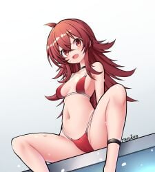 1girls belly belly_button breasts collar female female_focus female_only frankenstyle happy idolmaster kaho_komiya leg_band light-skinned_female light_skin pool ranken red_bikini red_bra red_eyes red_hair red_underwear redhead_female seated simple_background small_breasts sweat sweatdrop sweating thighs