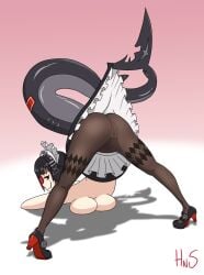 1girls big_breasts black_hair ellen_joe female hatnshades heels jack-o_pose lollipop looking_at_viewer maid maid_headdress maid_uniform pantyhose red_eyes shark shark_girl shark_tail skirt skirt_lift spread_legs thick_thighs victoria_housekeeping zenless_zone_zero