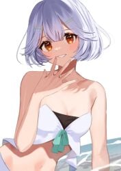 amber_eyes android beach belly brown_eyes clothed cute ellie_minibot exposed_belly ikada_nami indie_virtual_youtuber looking_at_viewer robot_girl shoulders smile swimwear tagme virtual_youtuber white_hair