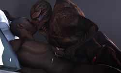 3d alien anal anal_sex bed cum cum_on_body dank_wankem dildo domination female femdom french_kissing hand_on_chin handjob human kissing leg_wrap lying male mammal mass_effect missionary_position on_back pegging penetration penis pillow sex sex_toy straight strapon turian video_games