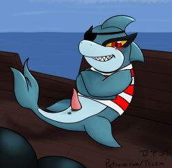 absurd_res anthro anus blush cannonball clothing crossed_fins eye_patch eyewear fin fish genitals hi_res jetsam_(neopets) looking_at_viewer male marine neopet_(species) neopets penis pirate red_eyes shark shark_teeth ship shirt smile solo tapering_penis telem topwear vehicle watercraft