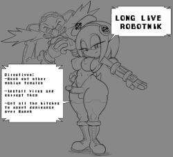 1boy 1girls accurate_art_style anthro boots corrupted corruption cosplay dr._eggman female furry futanari gloves goggles goggles_on_head headband headwear looking_at_viewer male oc penis robotnik sonic_(series) sonic_the_hedgehog_(series) swimsuit text text_bubble urielmanx7 zeta_the_echidna