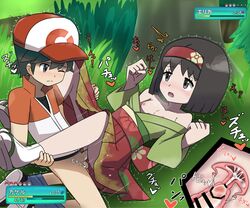 1boy 1girls bangs bar_censor baseball_cap black_eyes black_footwear black_hair blue_shorts blush bottomless breasts breath brown_eyes brown_hair censored character_name chase_(pokemon) clenched_hands closed_mouth clothed_sex cross_section cum cum_in_pussy cum_in_uterus cum_inside ejaculation erection erika_(pokemon) erika_(pokemon_lgpe) eyebrows_visible_through_hair fallopian_tubes female furanshisu gameplay_mechanics grass green_background green_kimono gym_leader hairband hakama hakama_skirt hands_up hat health_bar heart holding hud human japanese_clothes japanese_text kimono kneeling leg_grab looking_at_another looking_down looking_up lying male missionary_position motion_lines nintendo nipples nose_blush obi off_shoulder on_back one_eye_closed open_mouth orgasm outdoors ovaries penetration penis pokemon pokemon_battle pokemon_lgpe pokemon_rgby red_hairband red_hakama red_hat red_shirt sandals sash sex shiny shiny_hair shirt shoes short_hair short_sleeves shorts shorts_pull small_breasts socks spoken_heart spread_legs straight sweat testicles text text_focus translation_request tree trembling undershirt uterus vaginal_penetration white_legwear wince x-ray