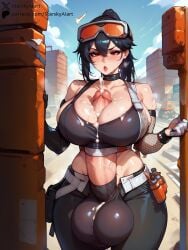 ai_generated autopaizuri autopaizuri_under_clothes balls_under_clothes cum cum_on_breasts eyewear_on_head fishnet_armwear futanari gigantic_penis grace_howard handsfree_ejaculation huge_balls huge_breasts huge_cock looking_at_penis sports_bra stable_diffusion starskyai steaming_body sweat zenless_zone_zero