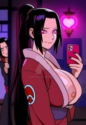 ai_art ai_generated akatsuki_(naruto) areolae big_breasts blush boa_hancock breasts cellphone crossover deviantart female gintoai heart_eyes huge_breasts long_hair looking_at_viewer male nail_polish naruto naruto_(series) naruto_shippuden nipples one_piece selfie smile uchiha_itachi