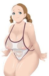 blue_eyes braid breasts brown_hair cleavage covered_erect_nipples fat female gundam gundam_suisei_no_majo highres large_breasts lilique_kadoka_lipati looking_at_viewer makoto_daikichi nipples one-piece_swimsuit plump see-through see-through_one-piece_swimsuit simple_background smile swimsuit textless_version thick_thighs thighs twin_braids twintails white_background