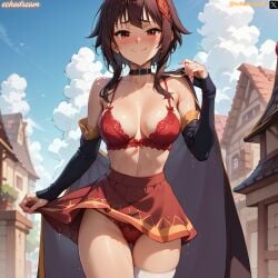 1girls ai_generated anime brown_hair echodream female female_focus female_only kono_subarashii_sekai_ni_shukufuku_wo! megumin red_clothing red_eyes smile sweating