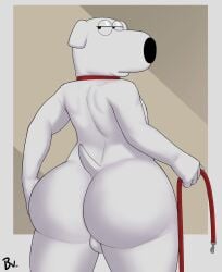 anthro anthro_only ass backsack balls big_butt brian_griffin brouva canid canine canis collar collar_only digital_media_(artwork) domestic_dog family_guy fur genitals hi_res huge_butt leash looking_back male male_only mammal nude simple_background solo tail white_body white_fur