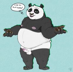 1boy balls bandages bear dreamworks erection foreskin kung_fu_panda long_foreskin male_only mammal overweight panda penis po pose posing shoes solo tagme text uncircumcised uncut unretracted_foreskin