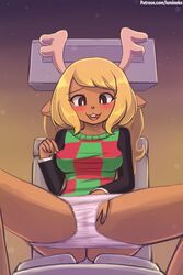 2018 aged_up anthro antlers blonde_hair blush brown_eyes brown_fur buckteeth cervine deltarune drooling fingering freckles fur furry horn looking_pleasured lumineko mammal masturbation nipple_pinch noelle_holiday open_mouth panties pinch pussy_juice reindeer saliva sweater teeth toilet underwear vaginal_penetration